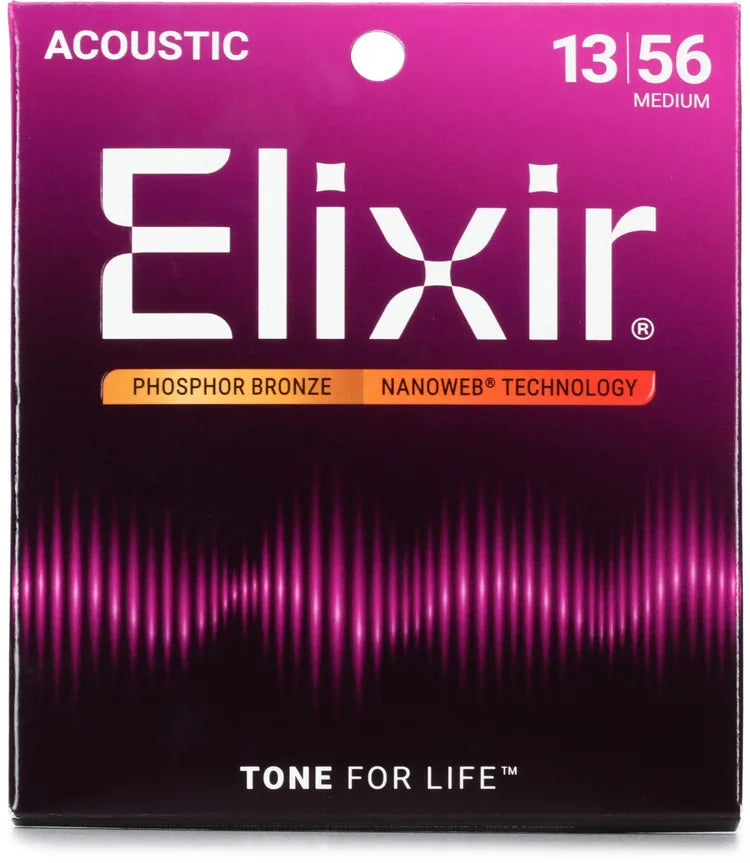 Elixir Strings 16102 Nanoweb Phosphor Bronze Acoustic Guitar Strings - .013-.056 Medium