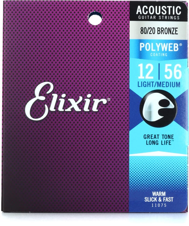 Elixir Strings 11075 Polyweb 80/20 Bronze Acoustic Guitar Strings - .012-.056 Medium Light
