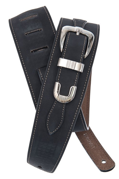 D'Addario 25LBB00 Belt Buckle Leather Guitar Strap Black