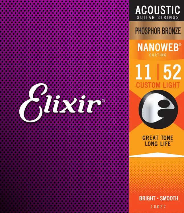 Elixir Nanoweb Phosphor Bronze Acoustic Guitar Strings - .011-.052 Custom Light